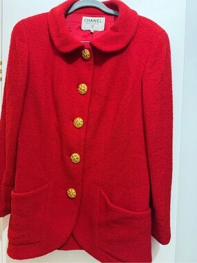 CHANEL Boutique Red Wool Tweed Jacket and Skirt Set with Gold Buttons